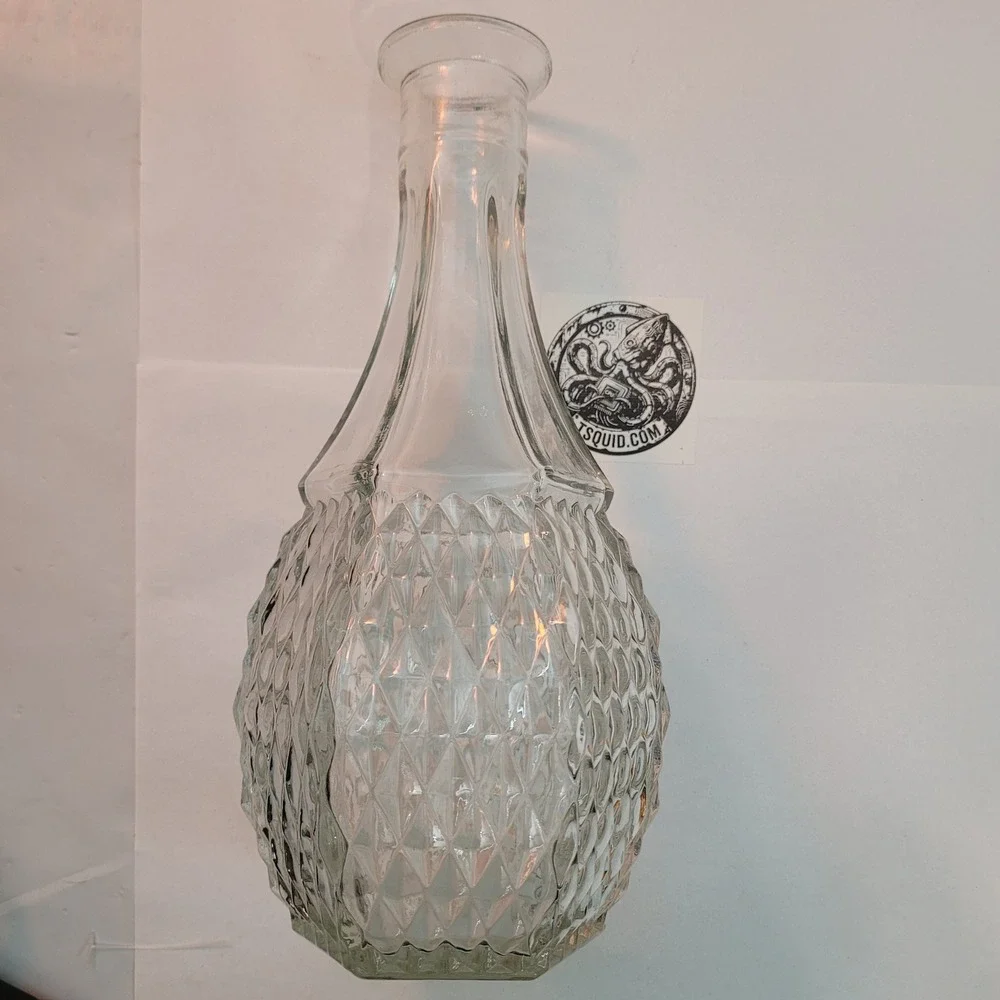 Vintage Glass‎ Decanter Vase Diamond Point Clear Hexagonal Base 9.5 Inch Carafe